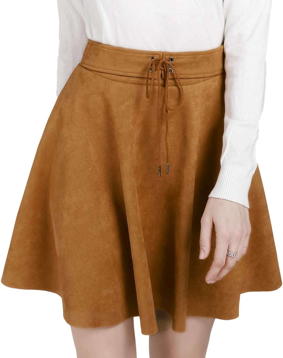 DIASHINY Faux Suede Mini Skirt for Women A Line Skater Belt Tie High Waist Flared Stretch Skirts - Image 1