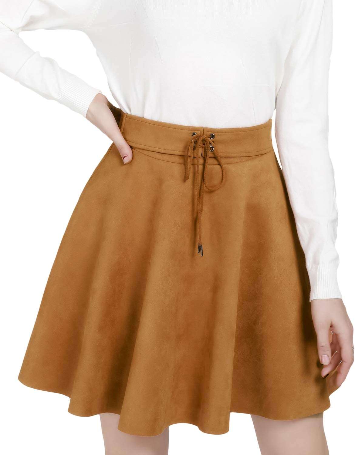 DIASHINY Faux Suede Mini Skirt for Women A Line Skater Belt Tie High Waist Flared Stretch Skirts - Image 2