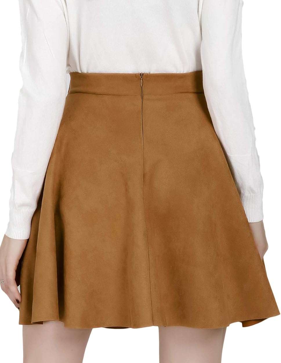 DIASHINY Faux Suede Mini Skirt for Women A Line Skater Belt Tie High Waist Flared Stretch Skirts - Image 4
