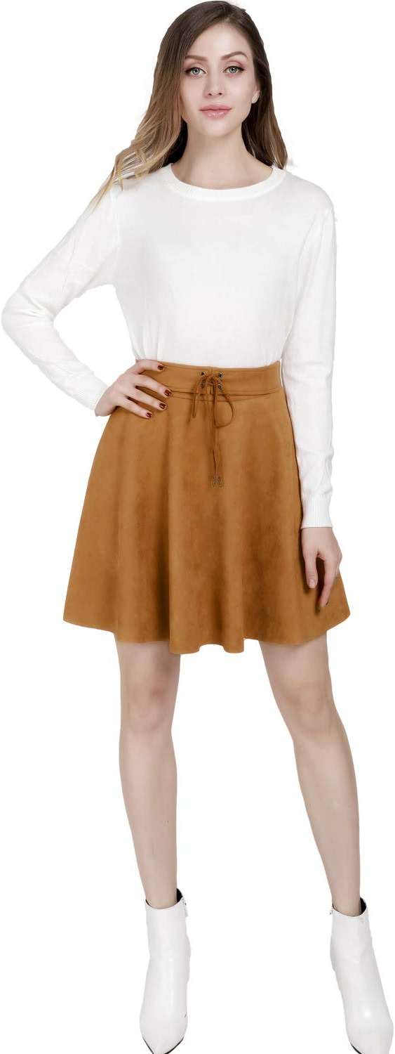 DIASHINY Faux Suede Mini Skirt for Women A Line Skater Belt Tie High Waist Flared Stretch Skirts - Image 5