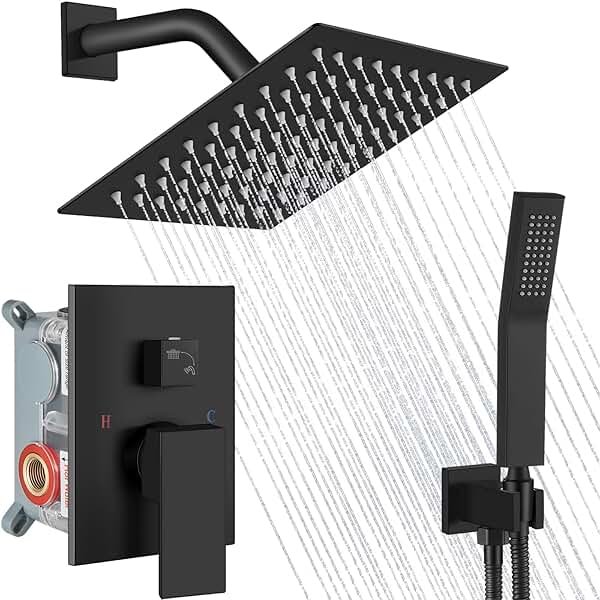 Midanya Shower Faucet Set,Wall Mount Shower System with Square Rain Shower Head and Hand Sprayer, Rough-in Valve Body and Trim Kit Included,8 Inch,Matte Black - Product Image