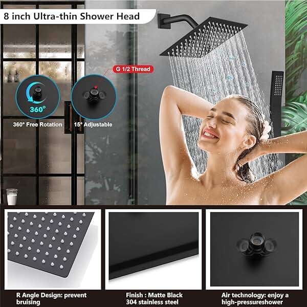 Midanya Shower Faucet Set,Wall Mount Shower System with Square Rain Shower Head and Hand Sprayer, Rough-in Valve Body and Trim Kit Included,8 Inch,Matte Black - Image 3