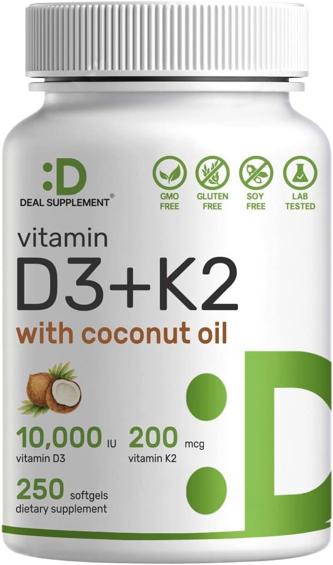 DEAL SUPPLEMENT Vitamin D3 10,000 IU + K2 MK7 200mcg Softgels, 250 Count | 2-in-1 Complex with Virgin Coconut Oil | Easy to Swallow - Product Image
