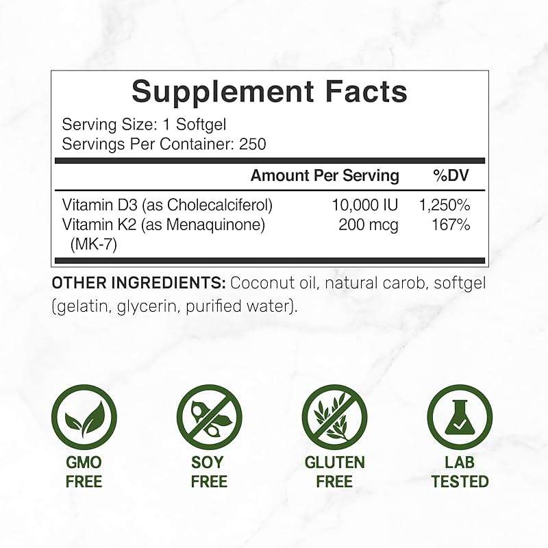DEAL SUPPLEMENT Vitamin D3 10,000 IU + K2 MK7 200mcg Softgels, 250 Count | 2-in-1 Complex with Virgin Coconut Oil | Easy to Swallow - Image 2