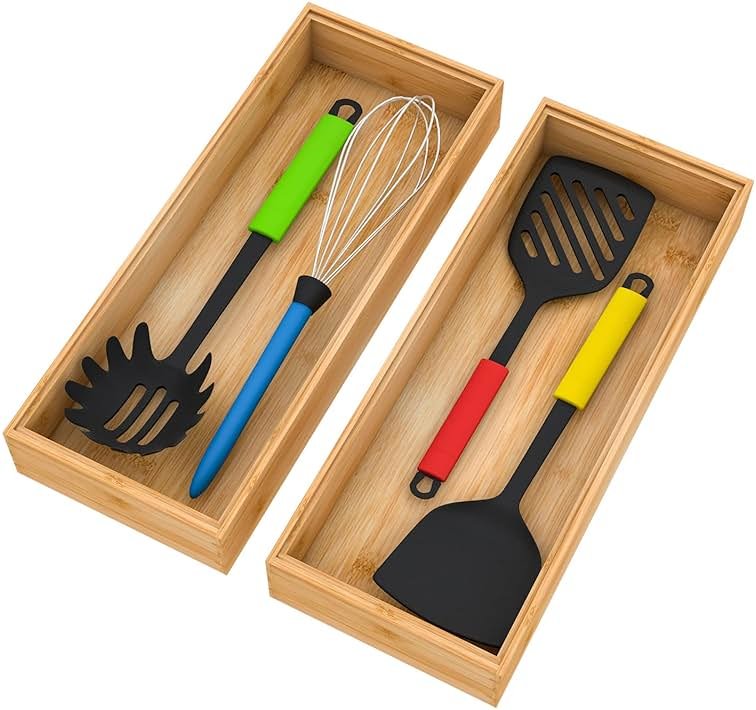 Drawer Organizer Storage Box Kitchen - Wood Stackable Tray Utensil Organizer for Office Drawers,Cabinets,Shelves,Pantry,or Bathroom Counter,Drawer Dividers for Silverware Set of 2(15x6x2.5inch) - Product Image