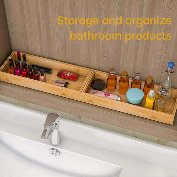Drawer Organizer Storage Box Kitchen - Wood Stackable Tray Utensil Organizer for Office Drawers,Cabinets,Shelves,Pantry,or Bathroom Counter,Drawer Dividers for Silverware Set of 2(15x6x2.5inch) - Image 6