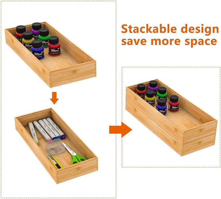 Drawer Organizer Storage Box Kitchen - Wood Stackable Tray Utensil Organizer for Office Drawers,Cabinets,Shelves,Pantry,or Bathroom Counter,Drawer Dividers for Silverware Set of 2(15x6x2.5inch) - Image 7