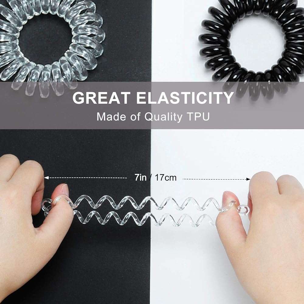TailaiMei 30 Pcs Spiral Hair Ties, No Crease Coil Phone Cord Hair Ties for Thick Hair - Women Ponytail Holder Elastics(Black&Transparent) - Image 2