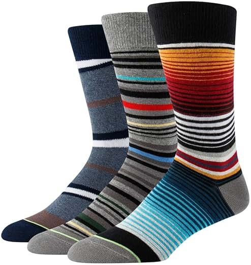 Hicomlor Men's Novelty-Dress Socks, Striped Pattern Crew Socks, Christmas Colorful-Funky-Funny Socks 3/6 Pairs - Product Image