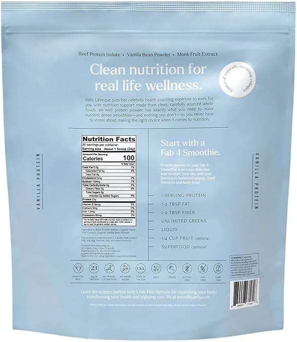 Be Well by Kelly Vanilla Grass-Fed Beef Protein Powder, 23G of Protein & Zero Carbs (3 Ingredients, 30 Servings) 9 Amino Acids + 3 BCAAs No Soy, No Dairy, Stevia-Free, No Sugar Added 1.87lb 849g - Image 8