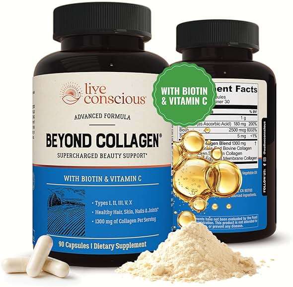Live Conscious Beyond Collagen Multi Collagen Capsules - Types I, II, III, V & X - Hydrolyzed Blend with Biotin & Vitamin C for Hair, Skin, Nails 90 Capsules - Image 1