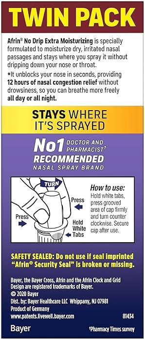 Afrin No Drip Extra Moisturizing Nasal Mist Twin Pack, Non-Drowsy, Fast-Acting Decongestant for Sinus Pressure and Dry Nasal Passages, Adults and Children 6 and Older, .5 fl oz (Pack of 2) - Image 10