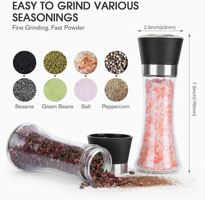 Hotder Premium Pepper and Salt Grinder Set of 2-Refillable Coarseness Adjustable Pepper Mill Shaker with Glass Body for Home,Kitchen(Two Pack) - Image 2