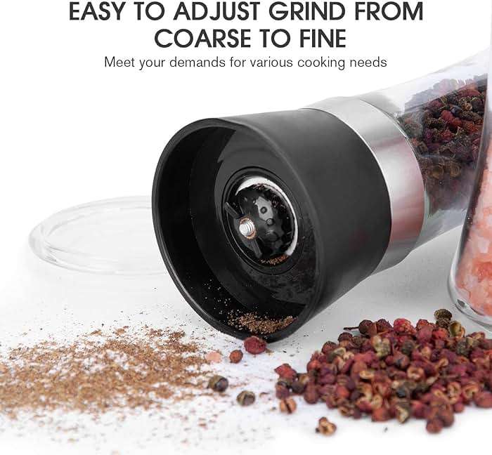 Hotder Premium Pepper and Salt Grinder Set of 2-Refillable Coarseness Adjustable Pepper Mill Shaker with Glass Body for Home,Kitchen(Two Pack) - Image 4