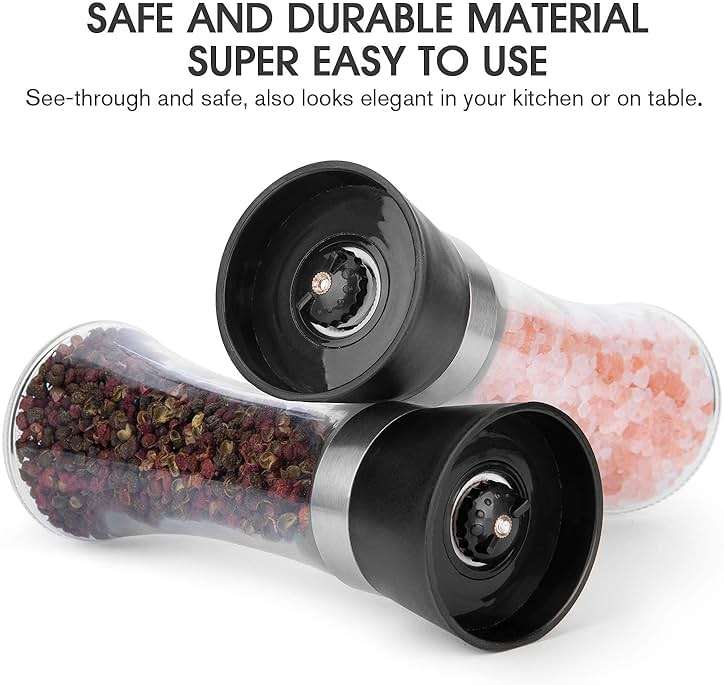 Hotder Premium Pepper and Salt Grinder Set of 2-Refillable Coarseness Adjustable Pepper Mill Shaker with Glass Body for Home,Kitchen(Two Pack) - Image 5