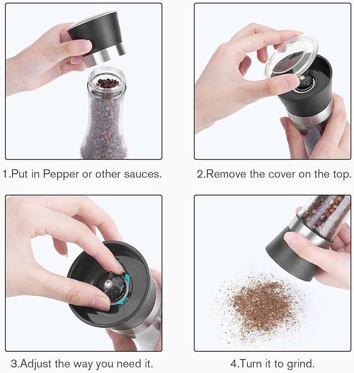Hotder Premium Pepper and Salt Grinder Set of 2-Refillable Coarseness Adjustable Pepper Mill Shaker with Glass Body for Home,Kitchen(Two Pack) - Image 6