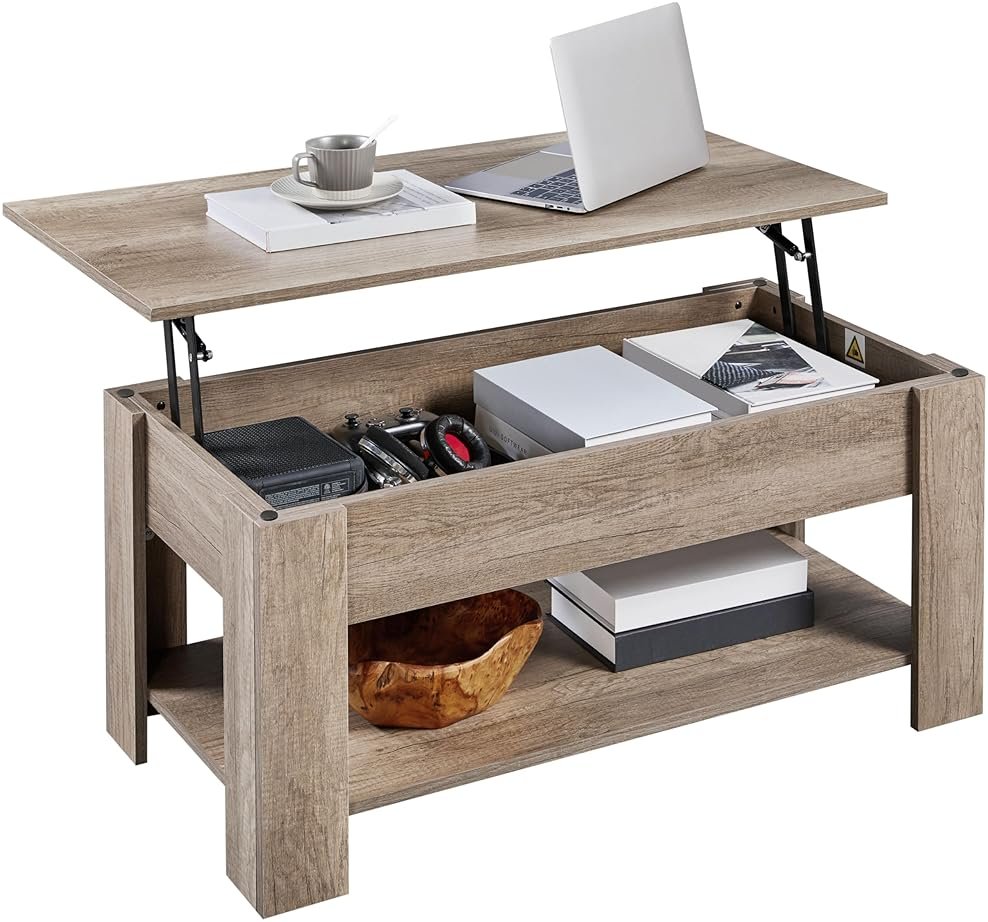 Yaheetech Lift Top Coffee Table with Hidden Compartment and Storage Shelf, Rising Tabletop Dining Table for Living Room Reception Room, 38.6in L, Grey - Product Image