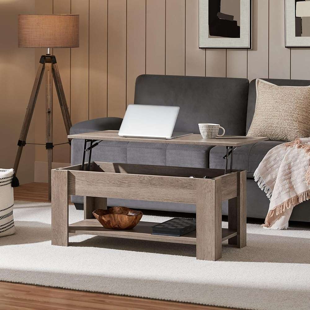 Yaheetech Lift Top Coffee Table with Hidden Compartment and Storage Shelf, Rising Tabletop Dining Table for Living Room Reception Room, 38.6in L, Grey - Image 2