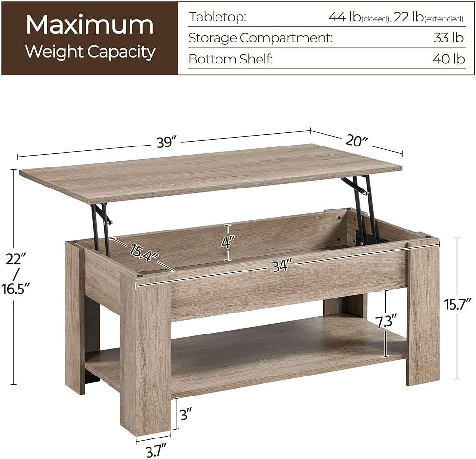 Yaheetech Lift Top Coffee Table with Hidden Compartment and Storage Shelf, Rising Tabletop Dining Table for Living Room Reception Room, 38.6in L, Grey - Image 3
