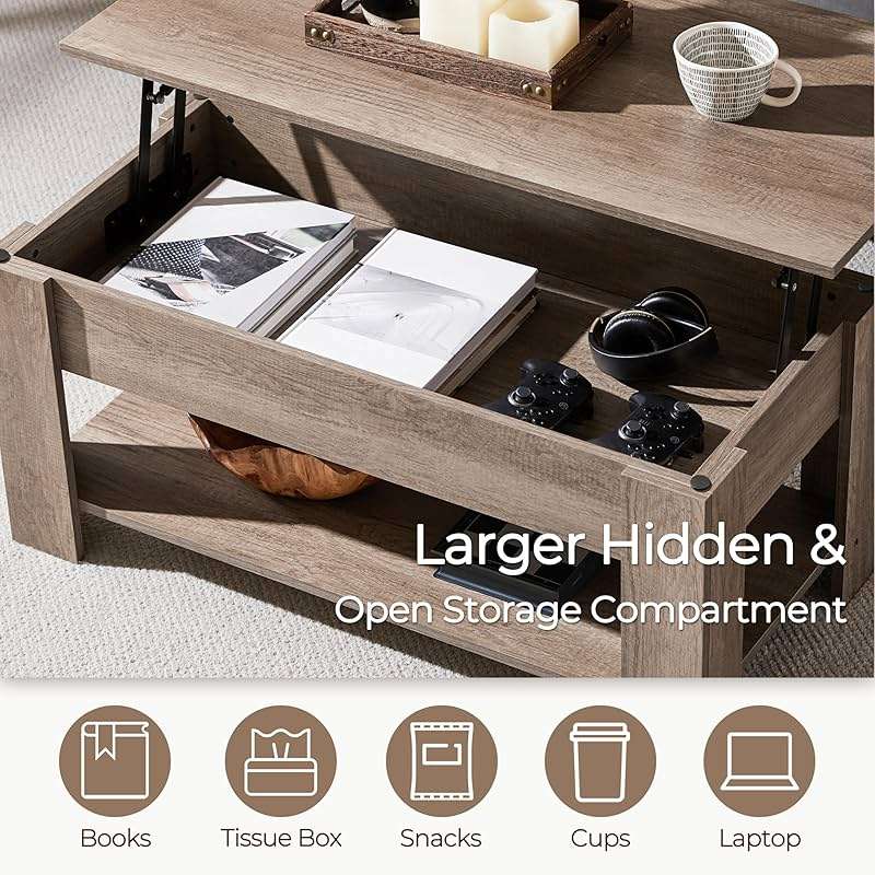 Yaheetech Lift Top Coffee Table with Hidden Compartment and Storage Shelf, Rising Tabletop Dining Table for Living Room Reception Room, 38.6in L, Grey - Image 5