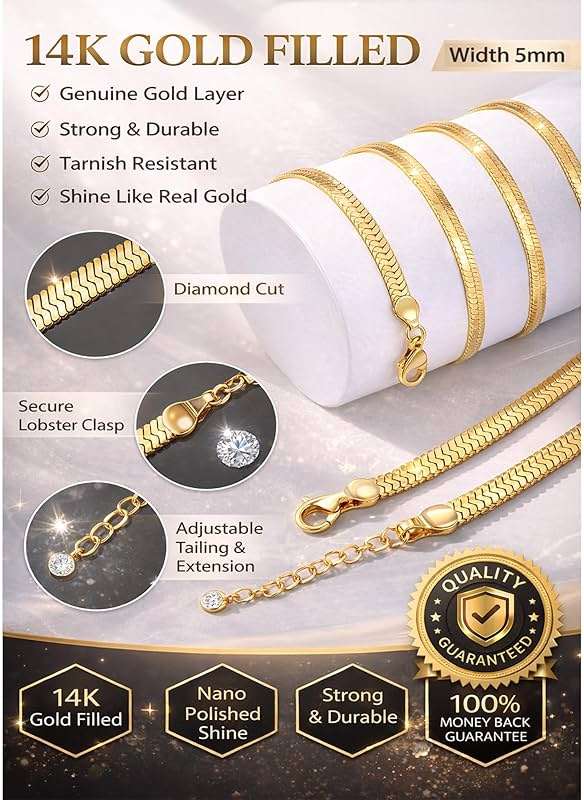 CHESKY Gold Necklace for Women-14K Plated/S925 sterling silver Snake Chain Necklace Dainty Simple Chunky Herringbone Necklace Gold Choker Necklaces Jewelry for Women Mothers Day Gifts for Mom - Image 8