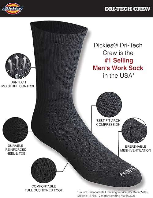 Dickies Men's Dri-Tech Essential Moisture Control Crew Socks, Available in M-XXL (6, 12 Pairs) - Image 2