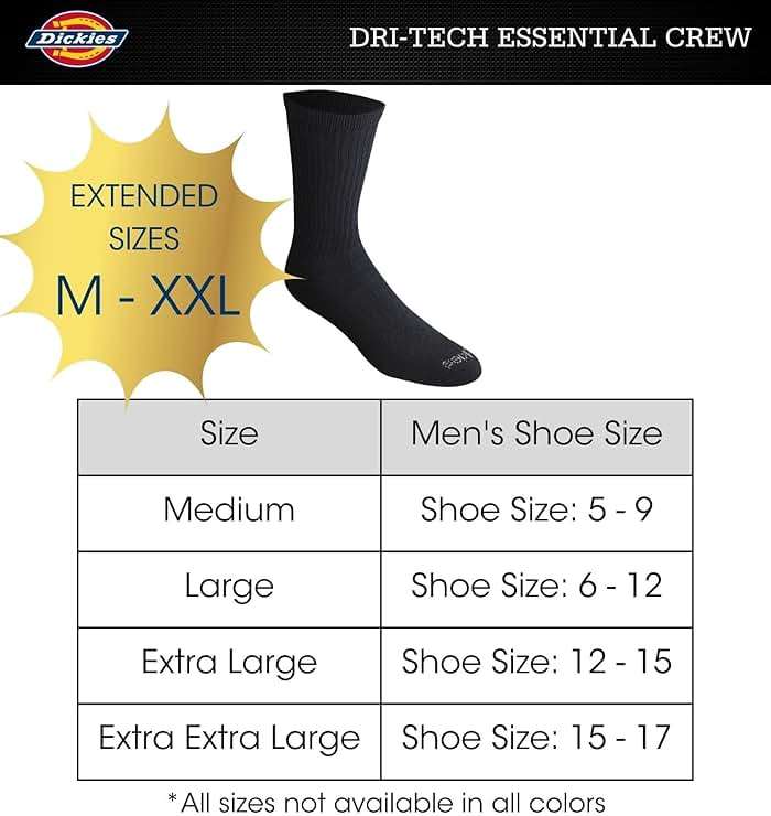 Dickies Men's Dri-Tech Essential Moisture Control Crew Socks, Available in M-XXL (6, 12 Pairs) - Image 3