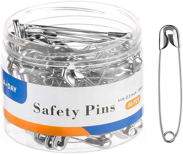 A+DAY Large Safety Pins 2.2 Inch (56mm), Size 4, 80-Count, Nickel Finish - Image 1