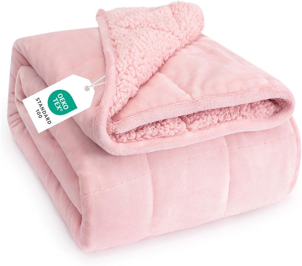 Topblan Sherpa Fleece Weighted Blanket for Adult, 15 lbs Dual Sided Cozy Fluffy Heavy Blanket, Ultra Fuzzy Throw Blanket with Soft Plush Flannel Top, 48 x 72 inches, Pink - Product Image