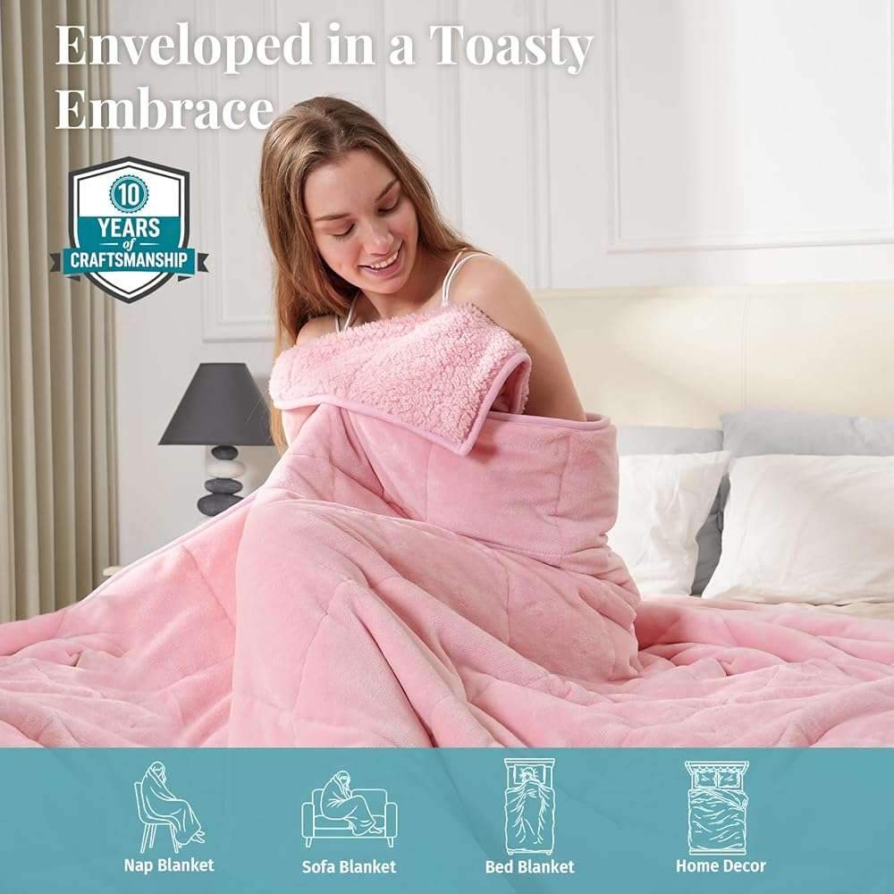 Topblan Sherpa Fleece Weighted Blanket for Adult, 15 lbs Dual Sided Cozy Fluffy Heavy Blanket, Ultra Fuzzy Throw Blanket with Soft Plush Flannel Top, 48 x 72 inches, Pink - Image 5