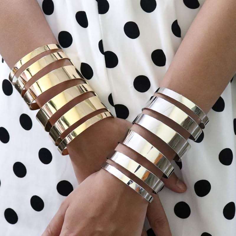 COLORFUL BLING Punk Alloy Hollow Geometric Smooth Polished Gold Hoop Open Cuff Wide Bracelet Bangle Wrist Jewelry for Women Lady - Image 3