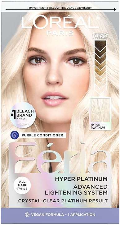 L'Oreal Paris Feria Hyper Platinum Advanced Lightening System Hair Bleach, Lifts Up To 8 Levels, Includes Anti Brass Purple Conditioner, 1 Hair Dye Kit - Image 1