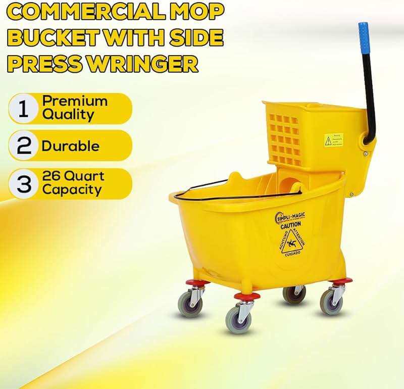 Simpli-Magic 79358 Commercial Mop Bucket with Side Press Wringer, 26 Quart, 14.75"L x 12.95"W x 19.95"H, Yellow - Image 2