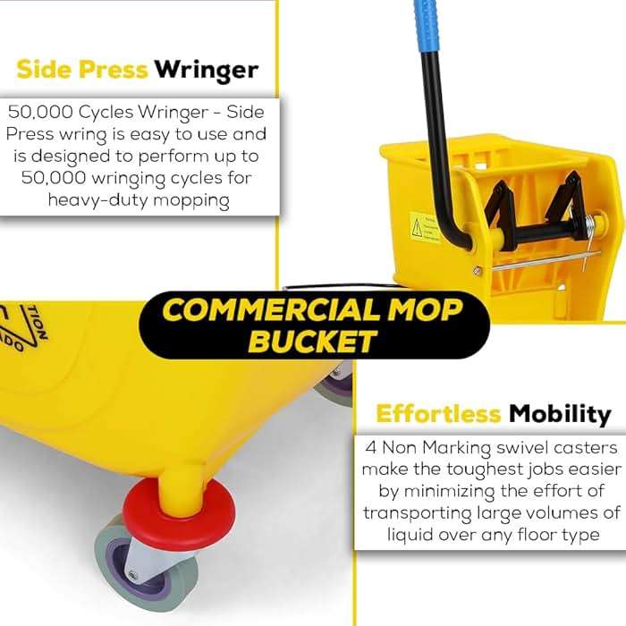 Simpli-Magic 79358 Commercial Mop Bucket with Side Press Wringer, 26 Quart, 14.75"L x 12.95"W x 19.95"H, Yellow - Image 4