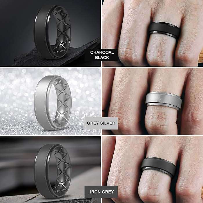Egnaro Men's Silicone Wedding Rings, 8.5mm Wide 2mm Thick Breathable Inner Arc Rubber Bands, Hypoallergenic Flexible Rings for Gym, Work, Construction, Electrical & Outdoor, Gift for Men, 1-7 Pack - Image 4