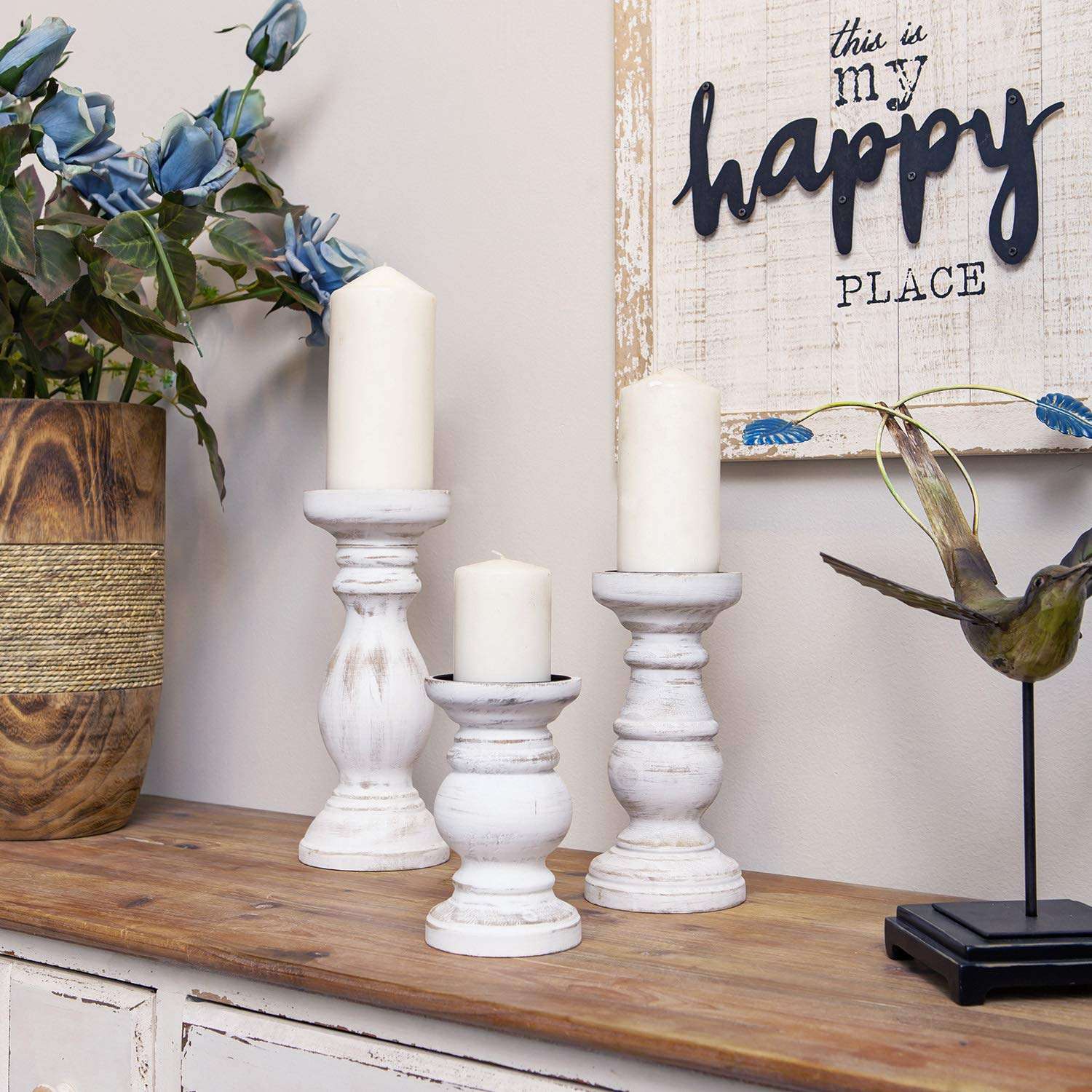 NIKKY HOME Farmhouse Wood Pillar Candle Holders Set of 3, Distressed White | Rustic Solid Wooden Candle Stands, Whitewash Decorative Pillar Base for Mantels, Fireplaces, Centerpieces Tables, Weddings - Image 1
