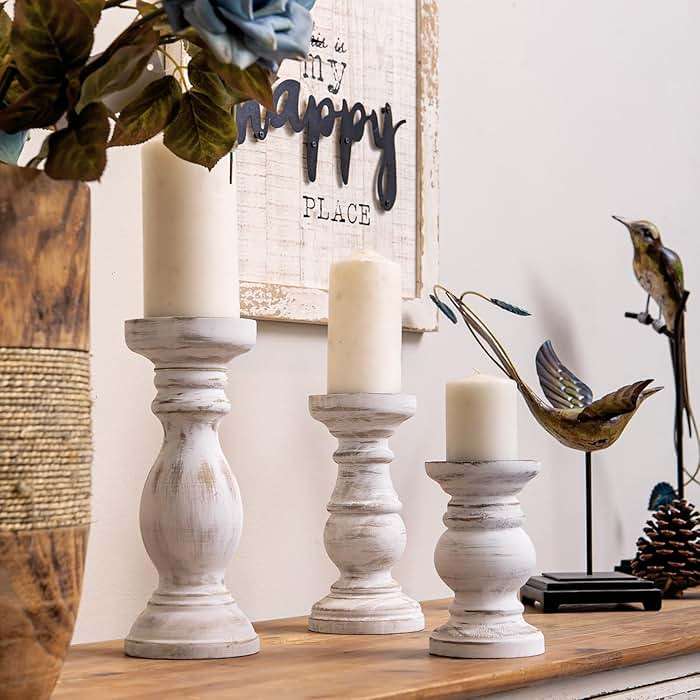 NIKKY HOME Farmhouse Wood Pillar Candle Holders Set of 3, Distressed White | Rustic Solid Wooden Candle Stands, Whitewash Decorative Pillar Base for Mantels, Fireplaces, Centerpieces Tables, Weddings - Image 2