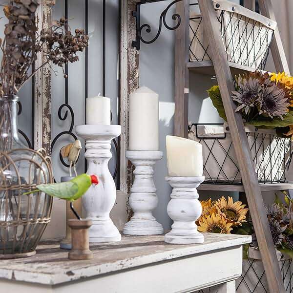 NIKKY HOME Farmhouse Wood Pillar Candle Holders Set of 3, Distressed White | Rustic Solid Wooden Candle Stands, Whitewash Decorative Pillar Base for Mantels, Fireplaces, Centerpieces Tables, Weddings - Image 4