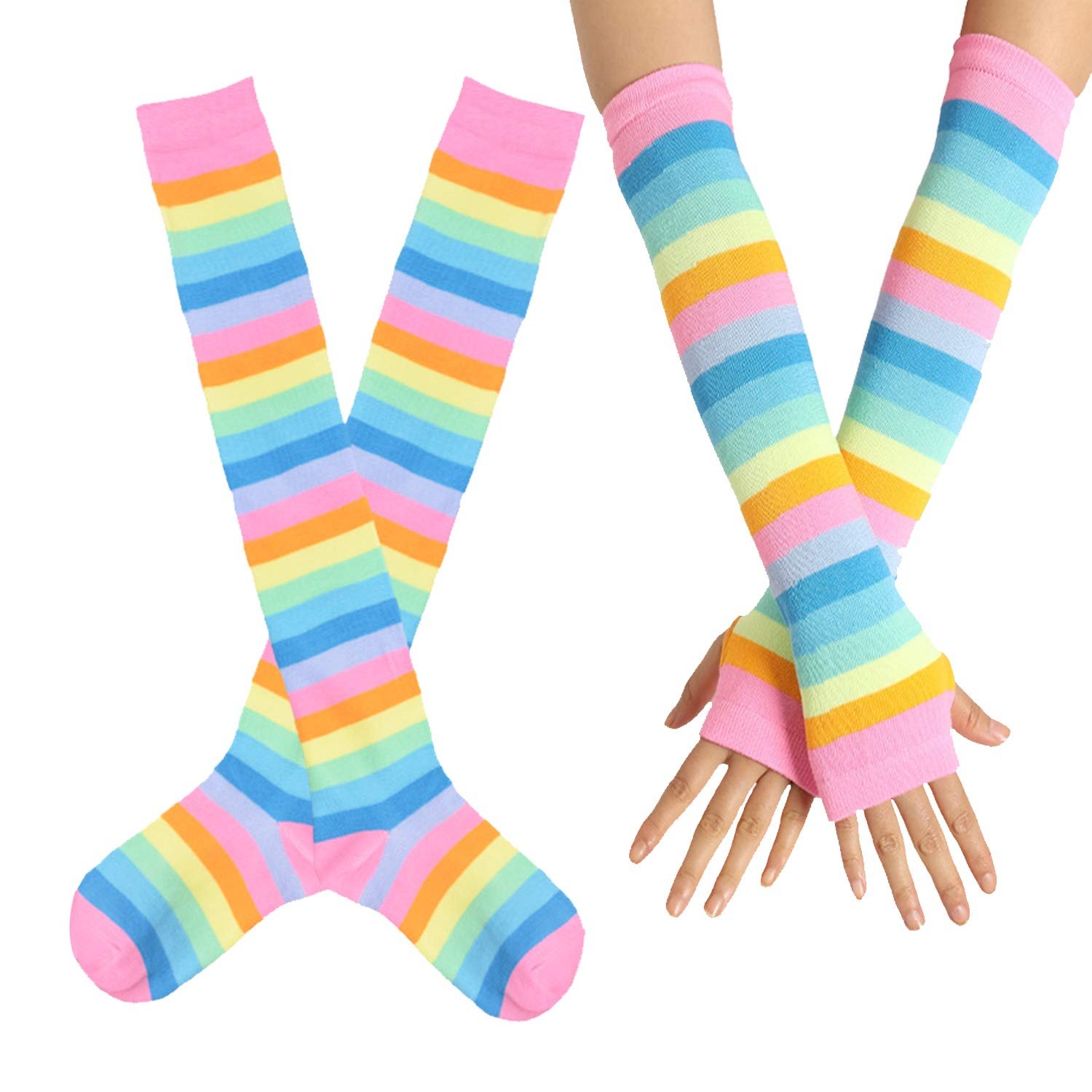 SherryDC Womens Girls Cosplay Rainbow Striped Knee High Socks Leg Arm Warmer Fingerless Gloves Set - Product Image