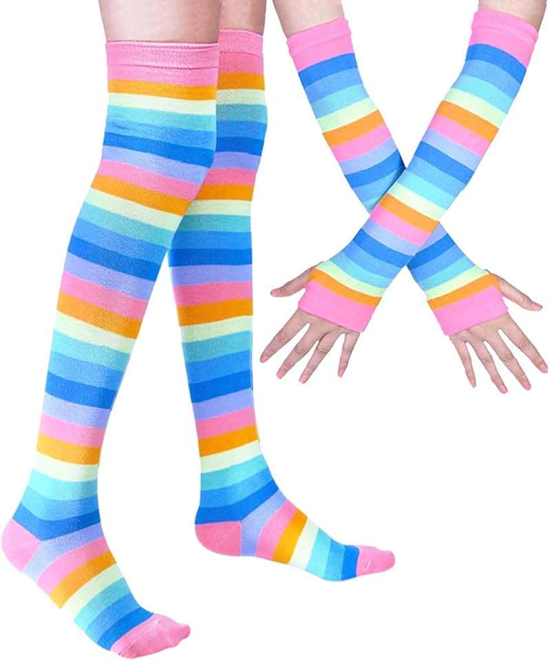 SherryDC Womens Girls Cosplay Rainbow Striped Knee High Socks Leg Arm Warmer Fingerless Gloves Set - Image 2