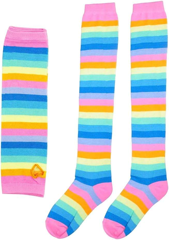 SherryDC Womens Girls Cosplay Rainbow Striped Knee High Socks Leg Arm Warmer Fingerless Gloves Set - Image 4