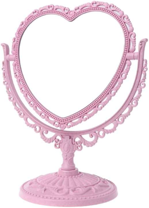 AKOAK Heart-Shaped Cosmetic Mirror - Plastic, Double-Sided, Rotatable, Lightweight - Bathroom & Bedroom Mirror (Pink) - Image 1