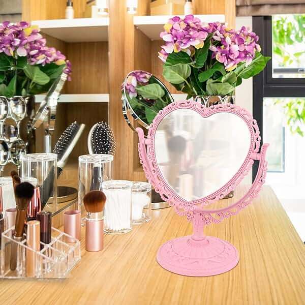 AKOAK Heart-Shaped Cosmetic Mirror - Plastic, Double-Sided, Rotatable, Lightweight - Bathroom & Bedroom Mirror (Pink) - Image 2