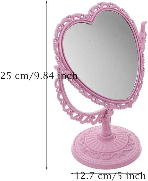 AKOAK Heart-Shaped Cosmetic Mirror - Plastic, Double-Sided, Rotatable, Lightweight - Bathroom & Bedroom Mirror (Pink) - Image 3