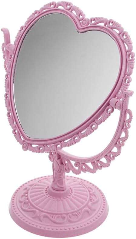 AKOAK Heart-Shaped Cosmetic Mirror - Plastic, Double-Sided, Rotatable, Lightweight - Bathroom & Bedroom Mirror (Pink) - Image 4