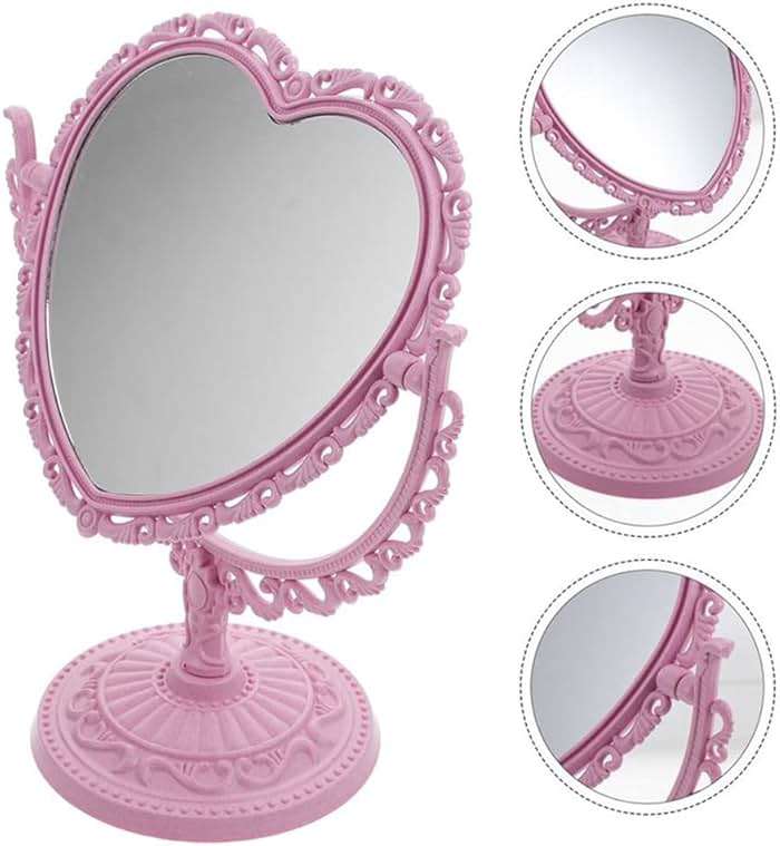AKOAK Heart-Shaped Cosmetic Mirror - Plastic, Double-Sided, Rotatable, Lightweight - Bathroom & Bedroom Mirror (Pink) - Image 5