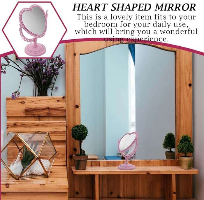 AKOAK Heart-Shaped Cosmetic Mirror - Plastic, Double-Sided, Rotatable, Lightweight - Bathroom & Bedroom Mirror (Pink) - Image 6