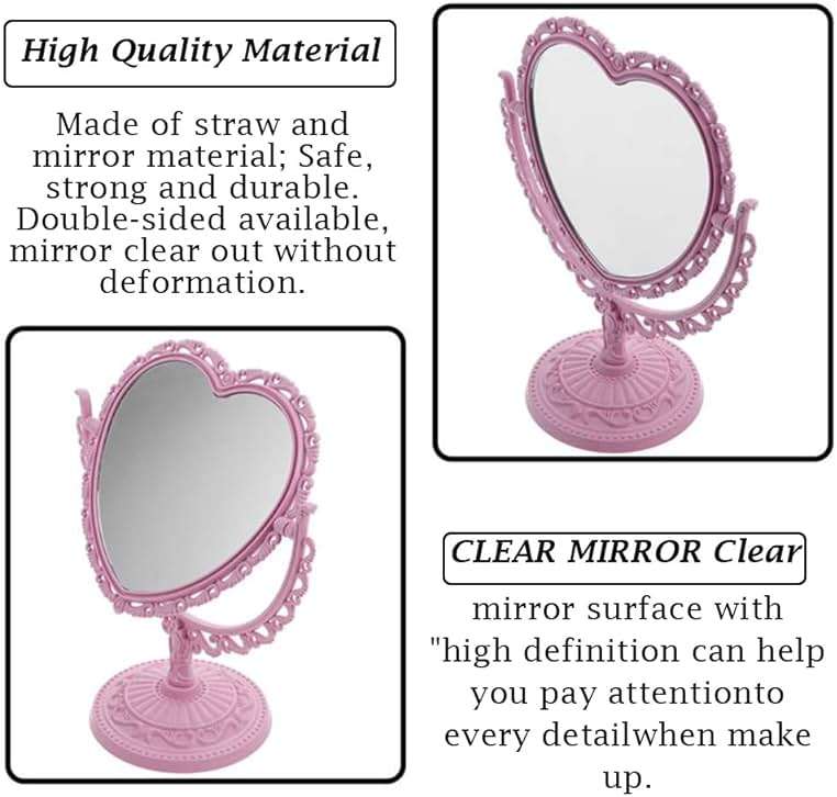 AKOAK Heart-Shaped Cosmetic Mirror - Plastic, Double-Sided, Rotatable, Lightweight - Bathroom & Bedroom Mirror (Pink) - Image 7