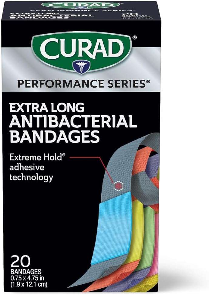 CURAD Performance Series Antibacterial Bandages, Extreme Hold Adhesive Technology, Extra Long Flexible Fabric Bandages for Cuts, Scrapes, & Burns, Assorted Colors, 0.75 x 4.75 inches, 20 Count - Image 1