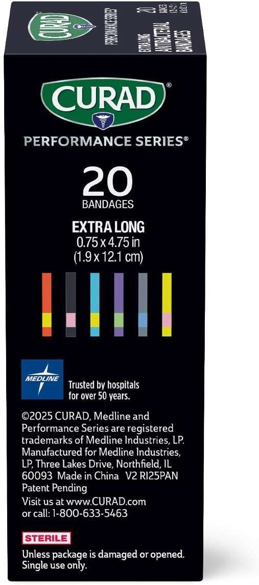 CURAD Performance Series Antibacterial Bandages, Extreme Hold Adhesive Technology, Extra Long Flexible Fabric Bandages for Cuts, Scrapes, & Burns, Assorted Colors, 0.75 x 4.75 inches, 20 Count - Image 3